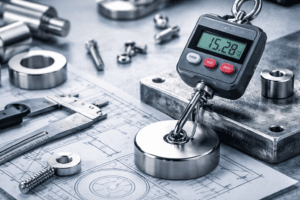 Digital caliper measuring a ring magnet during dimensional inspection