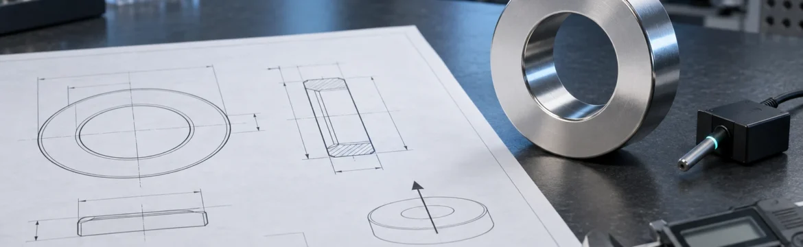 Custom magnet drawing with ring magnet, caliper, and magnetic field probe
