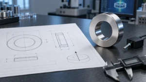 Custom magnet drawing with ring magnet, caliper, and magnetic field probe