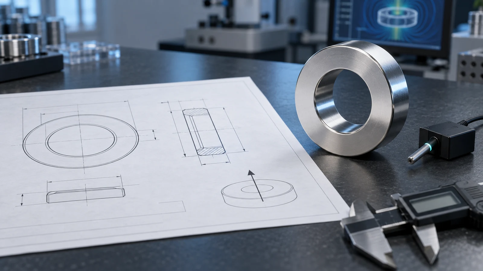 Custom magnet drawing with ring magnet, caliper, and magnetic field probe