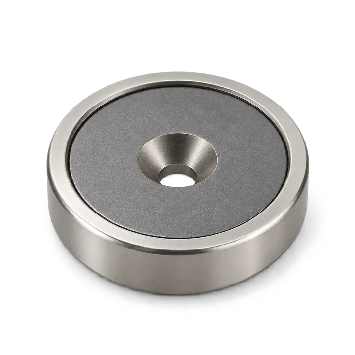 AI-generated countersunk pot magnet concept showing a steel rim around an inset magnet